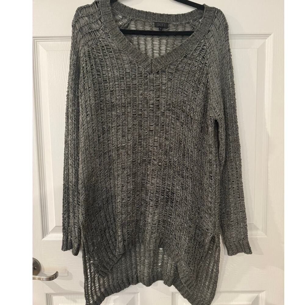 Sen Open Knit Sweater Gray V Neck Oversized Long‎ Sleeve Asym Hem Size Wabi Sabi